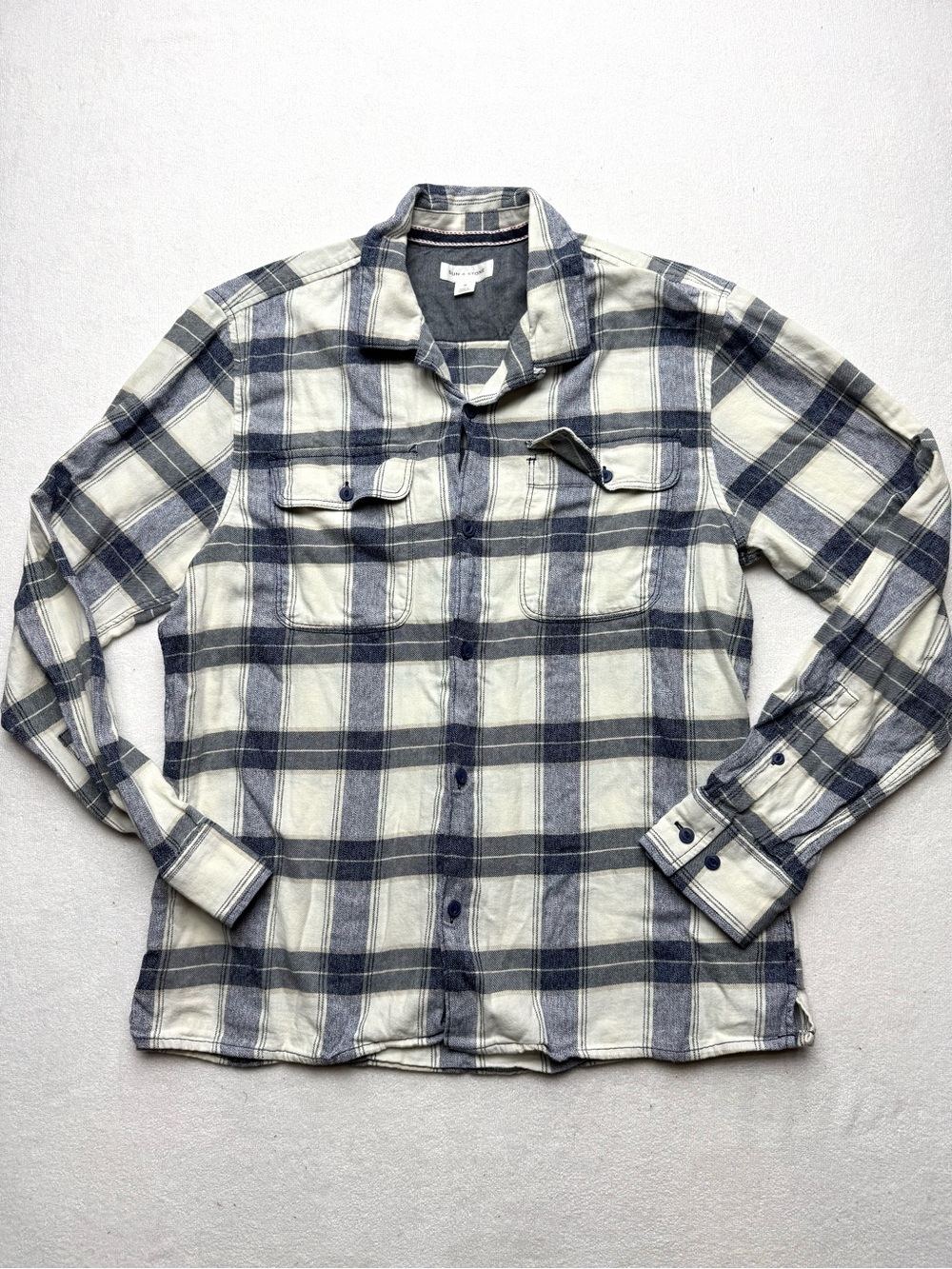 Sun + Stone Cream and Navy Plaid Lightweight Shirt
